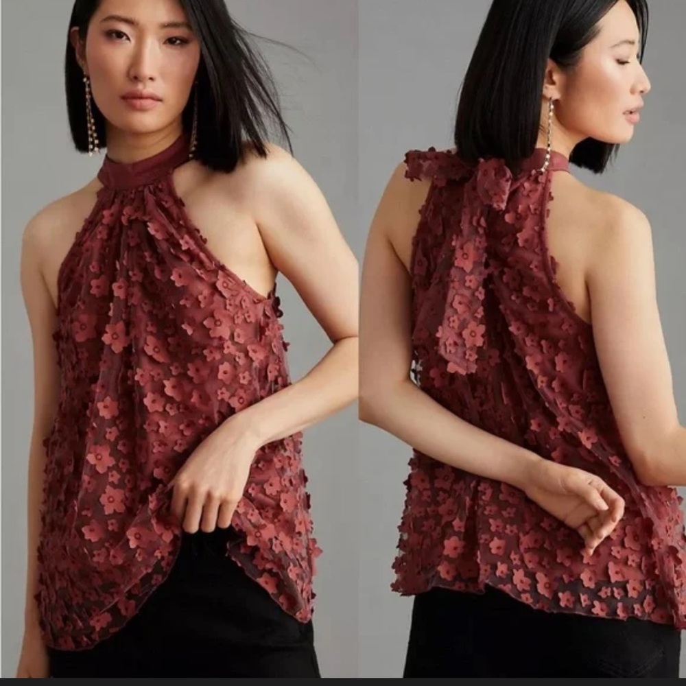 Anthropologie Eva Franco Floral Halter Petals Appliqué Top Size Medium